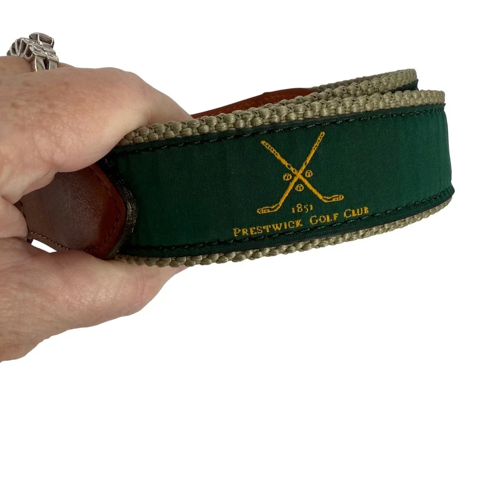 See Jays Mens Size 32 Leather Canvas Golf Club Belt Brass Buckle‎ Green Brown